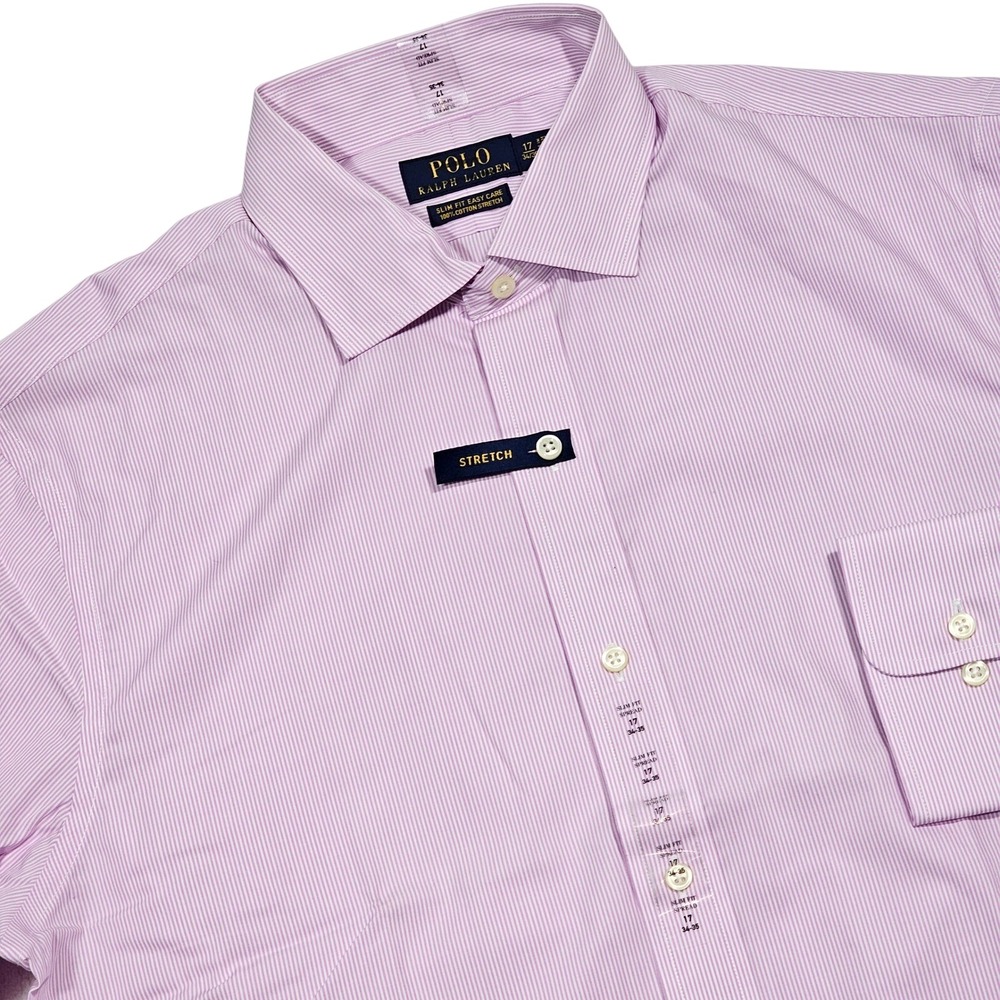Polo Ralph Lauren Dress Shirt Mens 17 34/35 Purple White Pinstripe Slim Fit Ivy